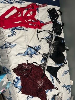 Victoria's Secret Red Harness Set with Black Bras and Burgundy Lace
